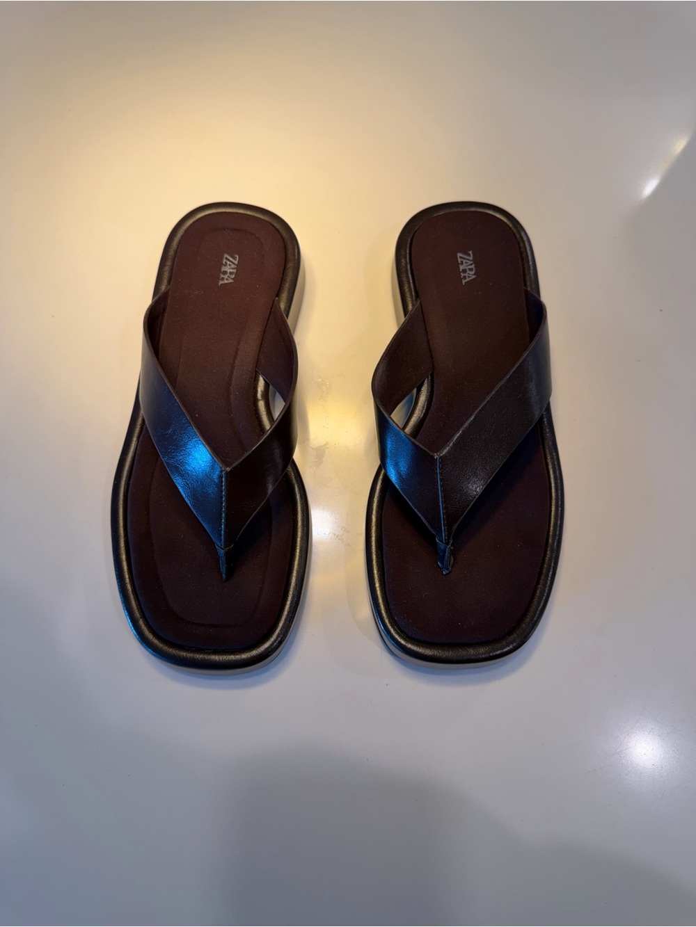 Zara Black Leather Thong Platform Sandals with Brown Footbed - Picture 4 of 4
